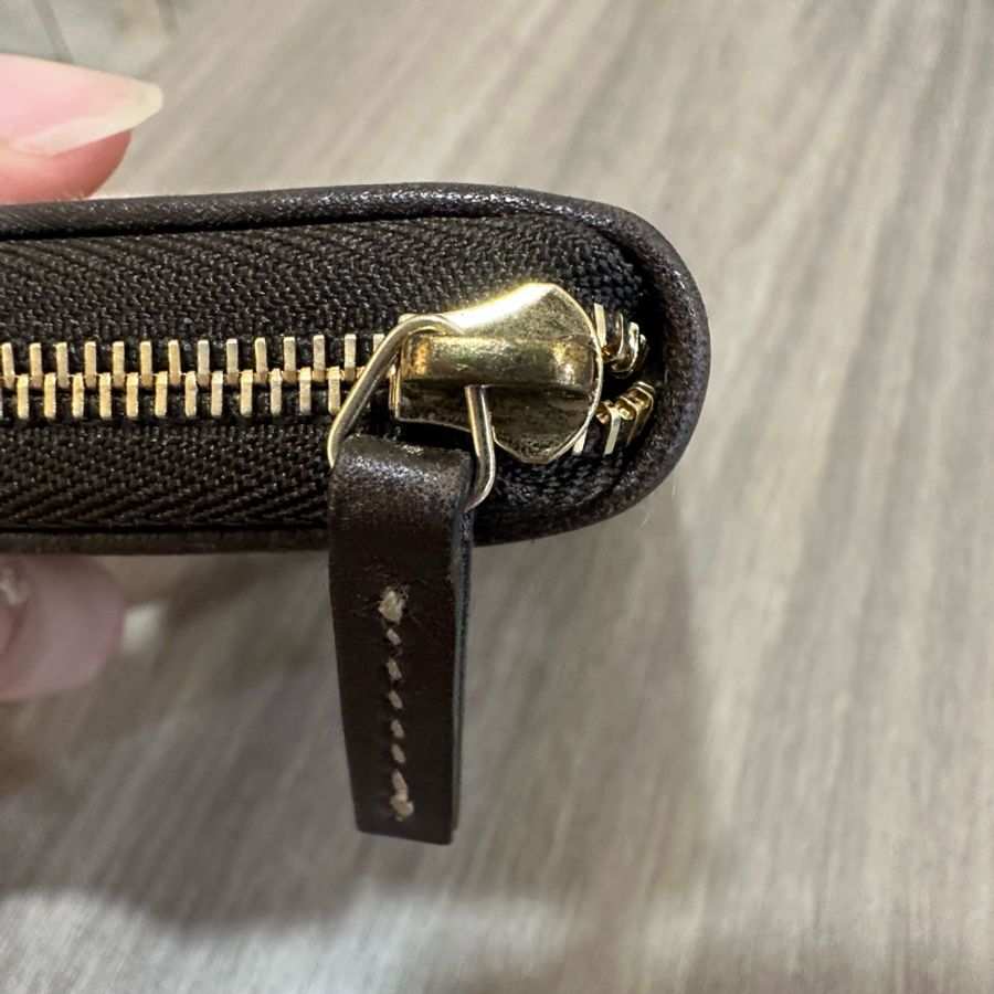 Gucci 老花帆布拼咖啡皮革拉鏈零錢卡包-10