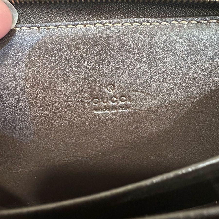 Gucci 老花帆布拼咖啡皮革拉鏈零錢卡包-12