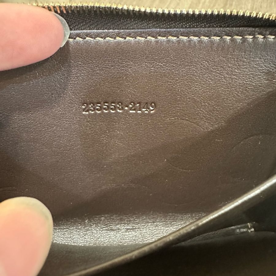 Gucci 老花帆布拼咖啡皮革拉鏈零錢卡包-15