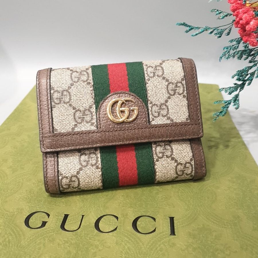 GUCCI 字紋 Ophidia GG 紅綠條 三折6卡零錢短夾/皮夾-0