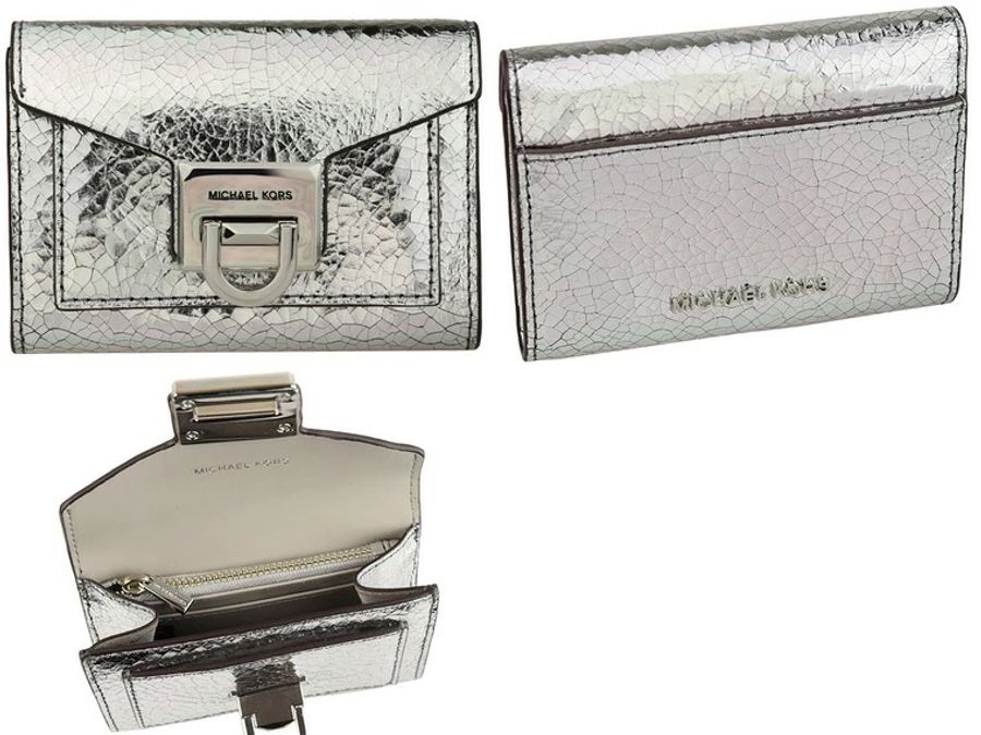 Michael Kors MK 小廢包錢包 皮革 翻蓋錢包 銀色 金屬銀 旋鈕旋轉扣 名片包 零錢包 小包 手拿包 短夾-3