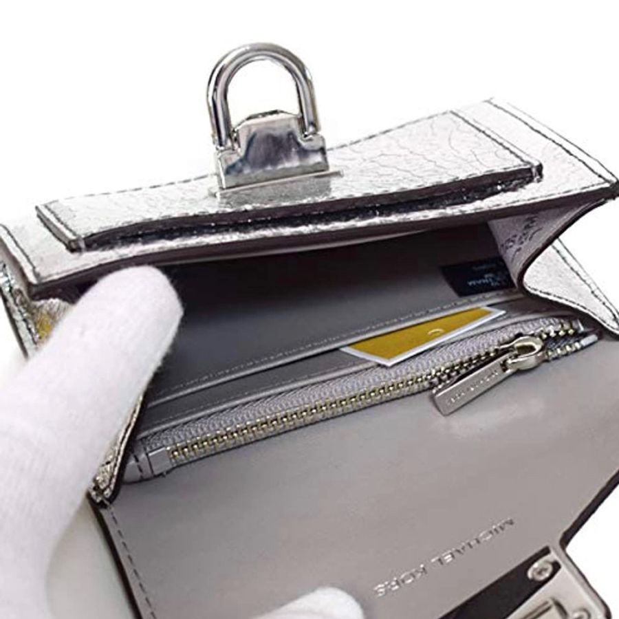Michael Kors MK 小廢包錢包 皮革 翻蓋錢包 銀色 金屬銀 旋鈕旋轉扣 名片包 零錢包 小包 手拿包 短夾-4