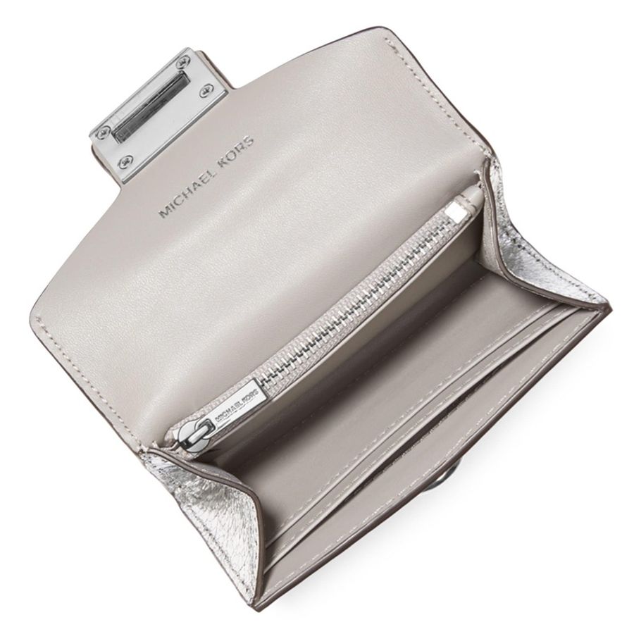 Michael Kors MK 小廢包錢包 皮革 翻蓋錢包 銀色 金屬銀 旋鈕旋轉扣 名片包 零錢包 小包 手拿包 短夾-7