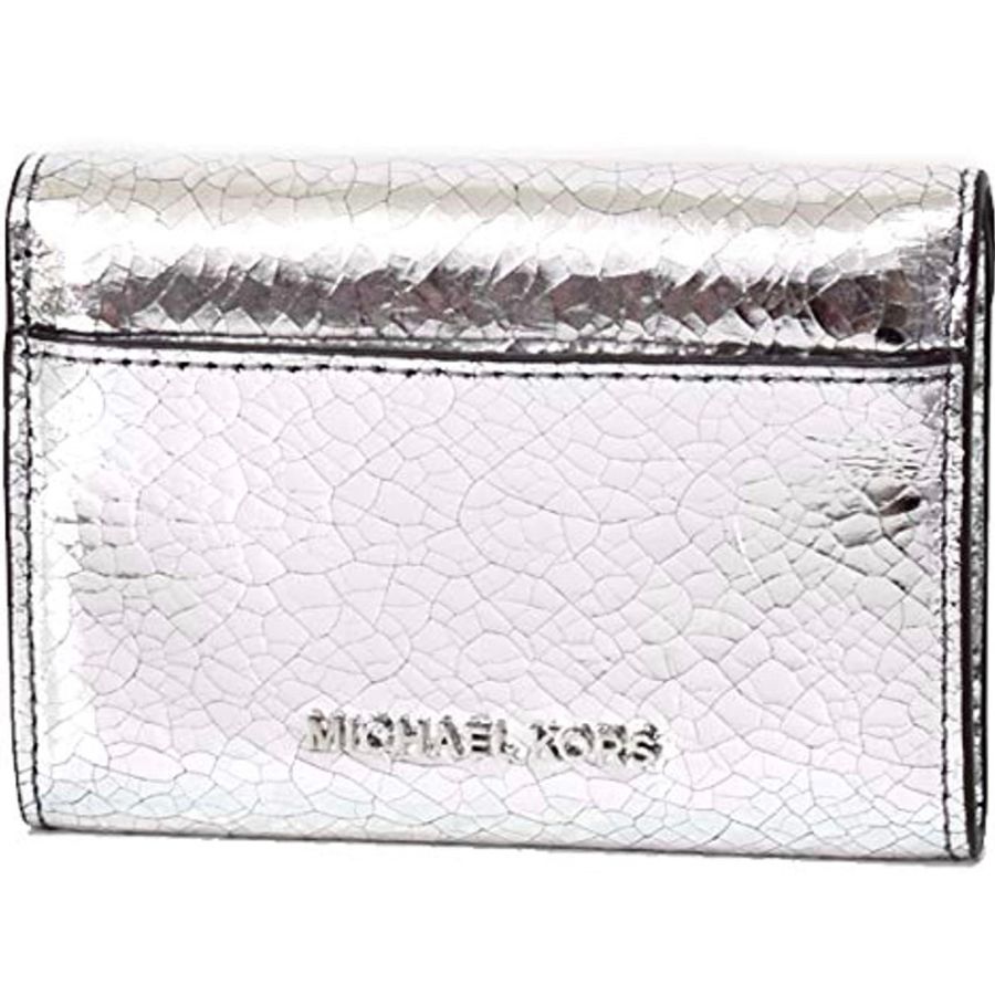 Michael Kors MK 小廢包錢包 皮革 翻蓋錢包 銀色 金屬銀 旋鈕旋轉扣 名片包 零錢包 小包 手拿包 短夾-9