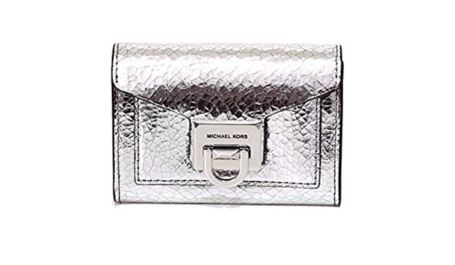 Michael Kors MK 小廢包錢包 皮革 翻蓋錢包 銀色 金屬銀 旋鈕旋轉扣 名片包 零錢包 小包 手拿包 短夾-10