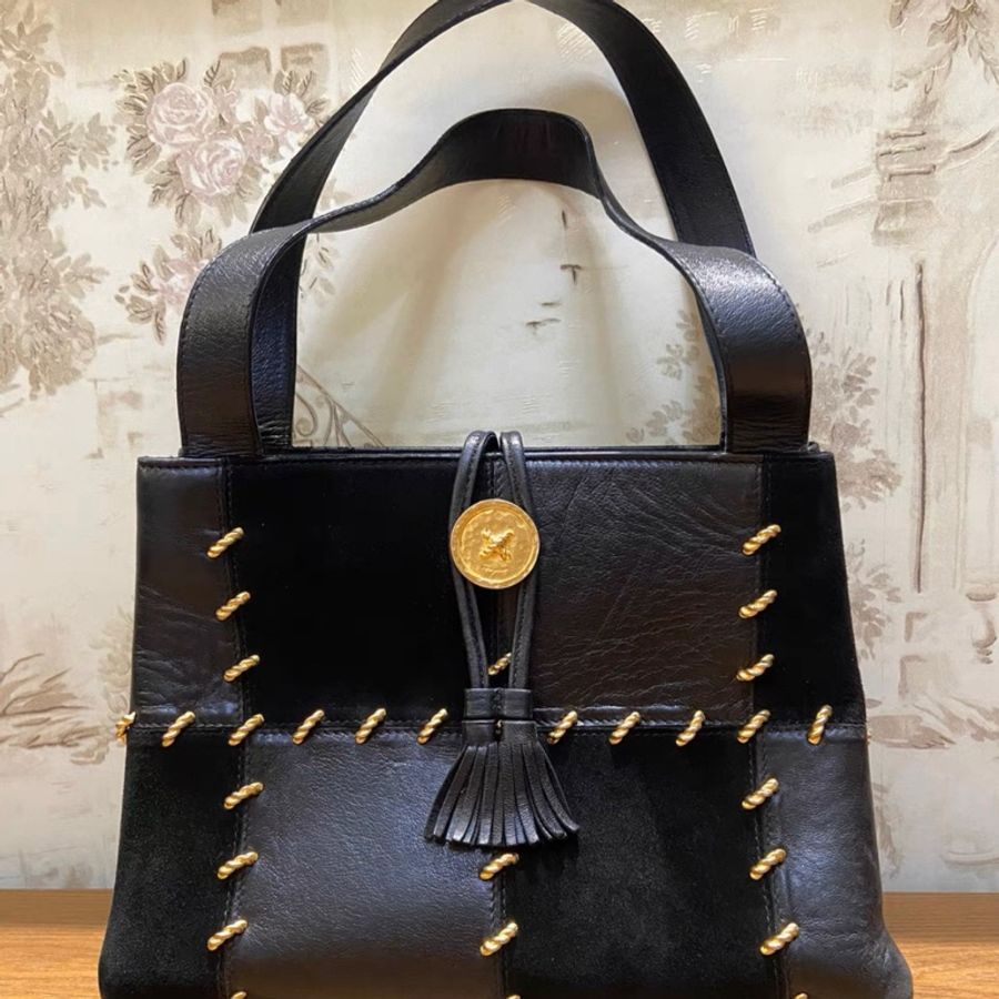 Ferragamo 菲拉格慕 高跟鞋系列 黑金編織感拼皮古董手提包-0