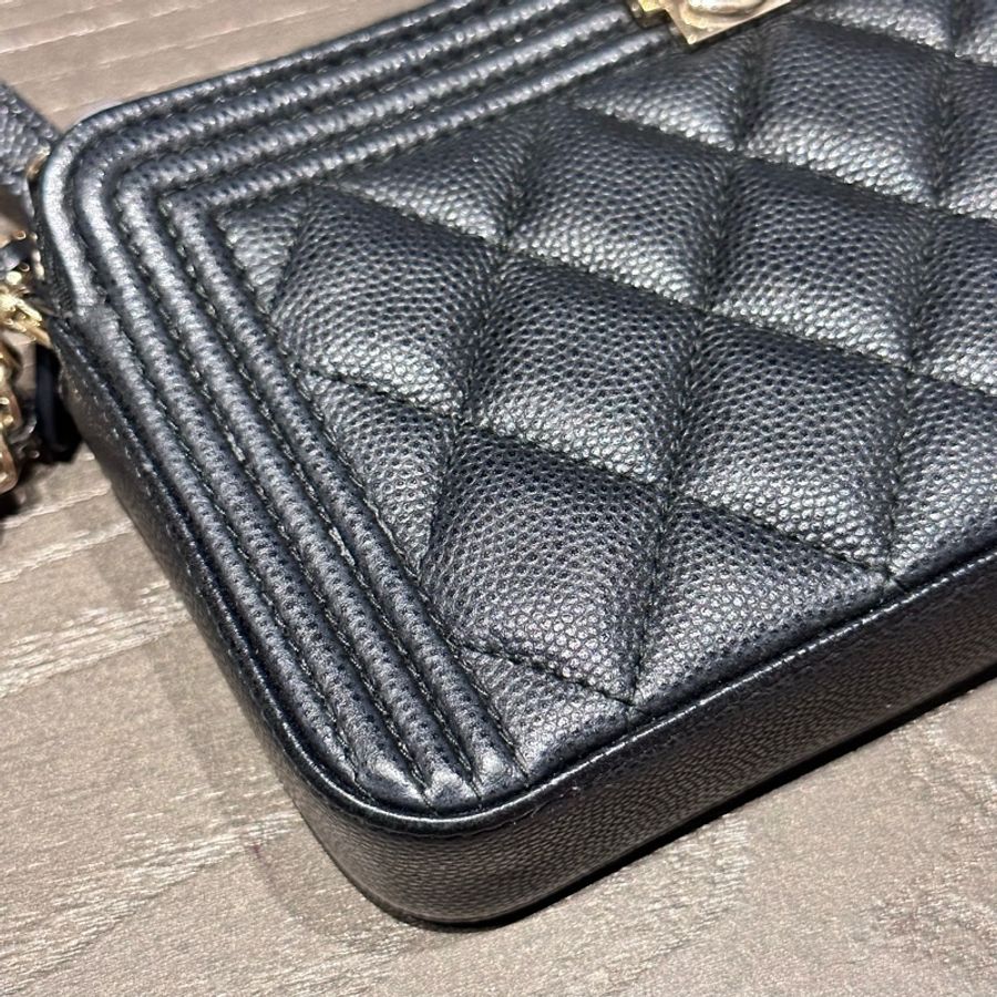 Chanel Boy 雙拉鍊三層迷你鍊包 黑金荔枝-8