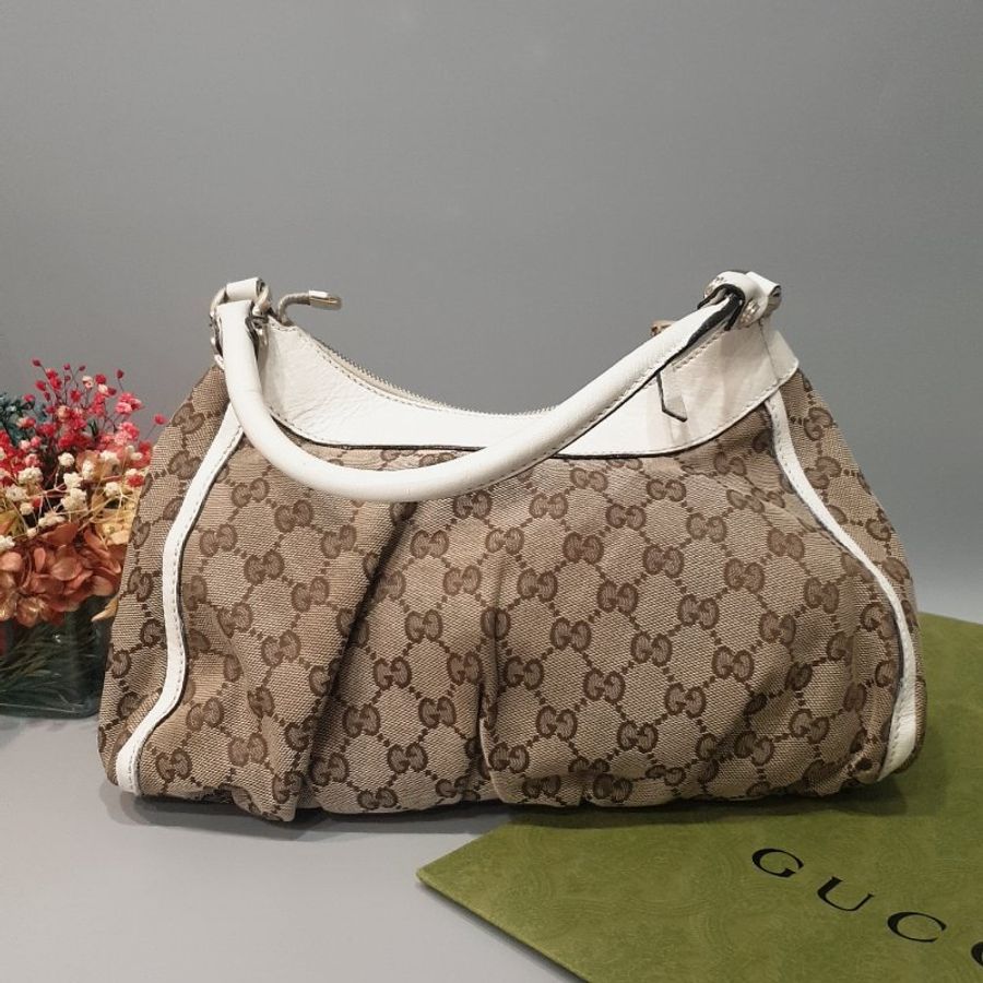 GUCCI 古馳 字紋緹花布 拼白皮革 肩背包/手提包-1