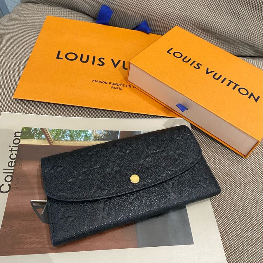LV M62369 EMILIE 經典花紋全皮革壓紋扣式 長夾 百分百正品 .黑-0