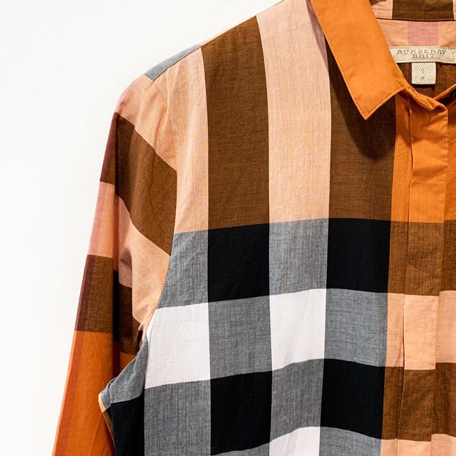 BURBERRY BRIT 經典格紋長袖襯衫 橘色 內扣式設計 100%純棉 品牌鈕扣 柔軟舒適【壽司羊羊】二手衣-2