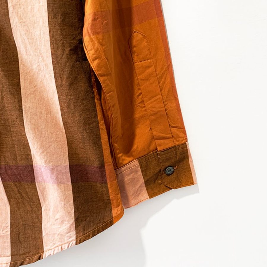 BURBERRY BRIT 經典格紋長袖襯衫 橘色 內扣式設計 100%純棉 品牌鈕扣 柔軟舒適【壽司羊羊】二手衣-6
