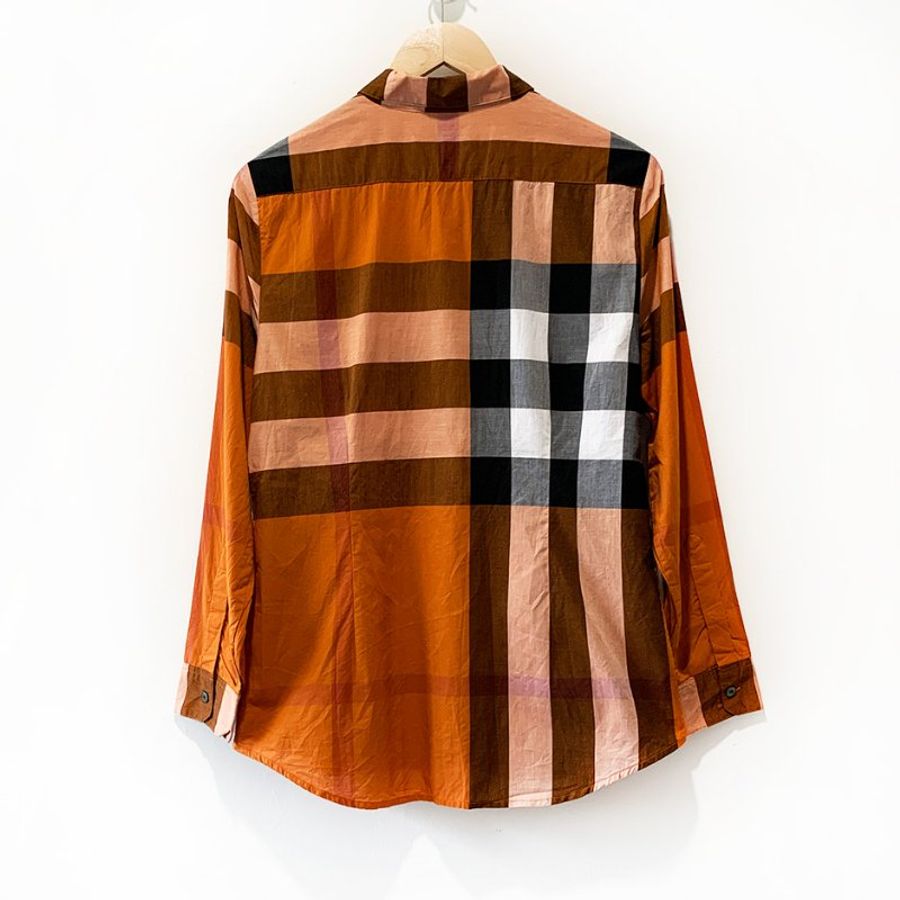 BURBERRY BRIT 經典格紋長袖襯衫 橘色 內扣式設計 100%純棉 品牌鈕扣 柔軟舒適【壽司羊羊】二手衣-4
