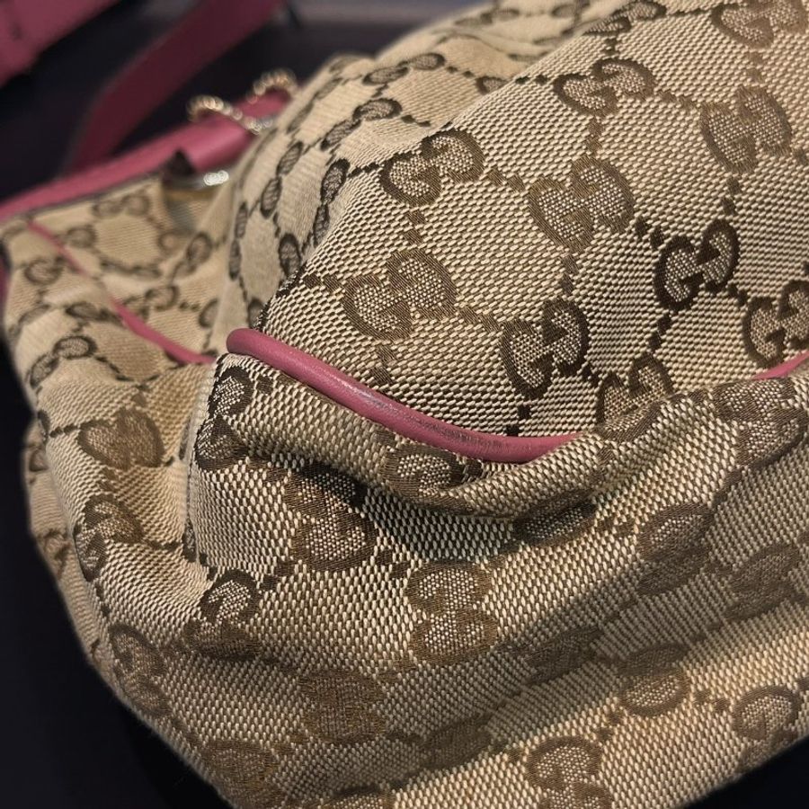 GUCCI 古馳 卡其咖緹花布拼皮革拉鍊斜背包/肩背包-2