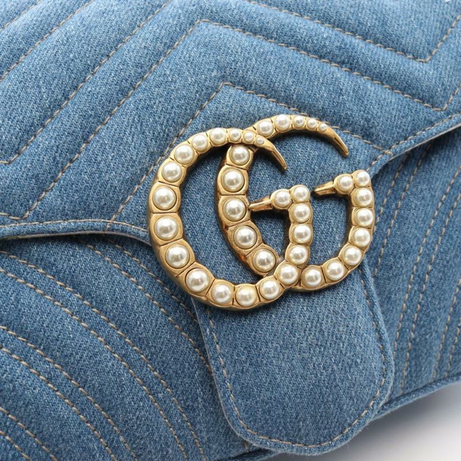 中古GUCCI[AB]GG Marmont 绗缝 链条肩包 丹宁布 真皮 蓝色 人造珍珠 日本限定-5