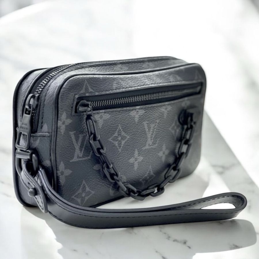 LV 黑原花黑鍊方形小手拿//極新美品-1