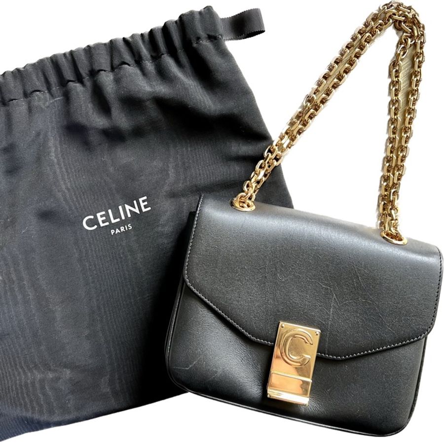 (二手)CELINE C CHARM 黑色 牛皮鍊帶肩背包-0
