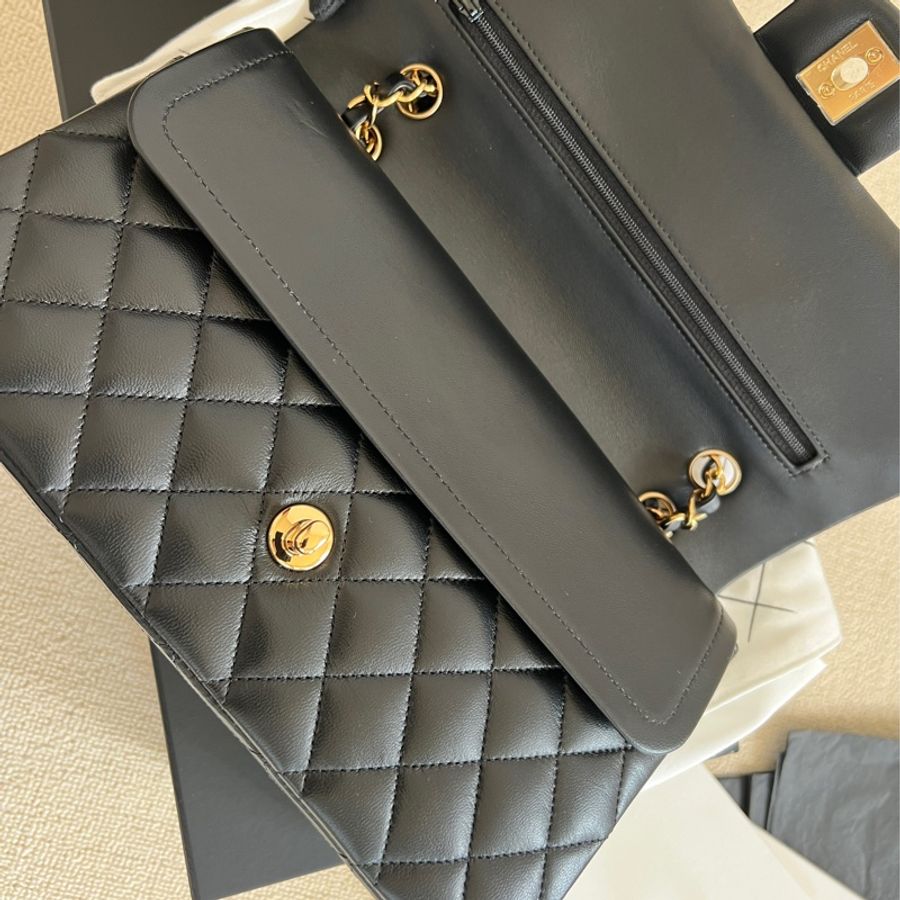 Chanel 香奈兒 cf25 classic flap 25 黑金 羊皮 台灣專櫃全配-5