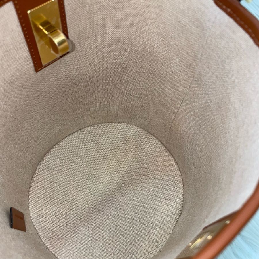 Celine黑白提花條文布料拼焦糖皮革Teen Bucket 16手提肩背兩用水桶包-15