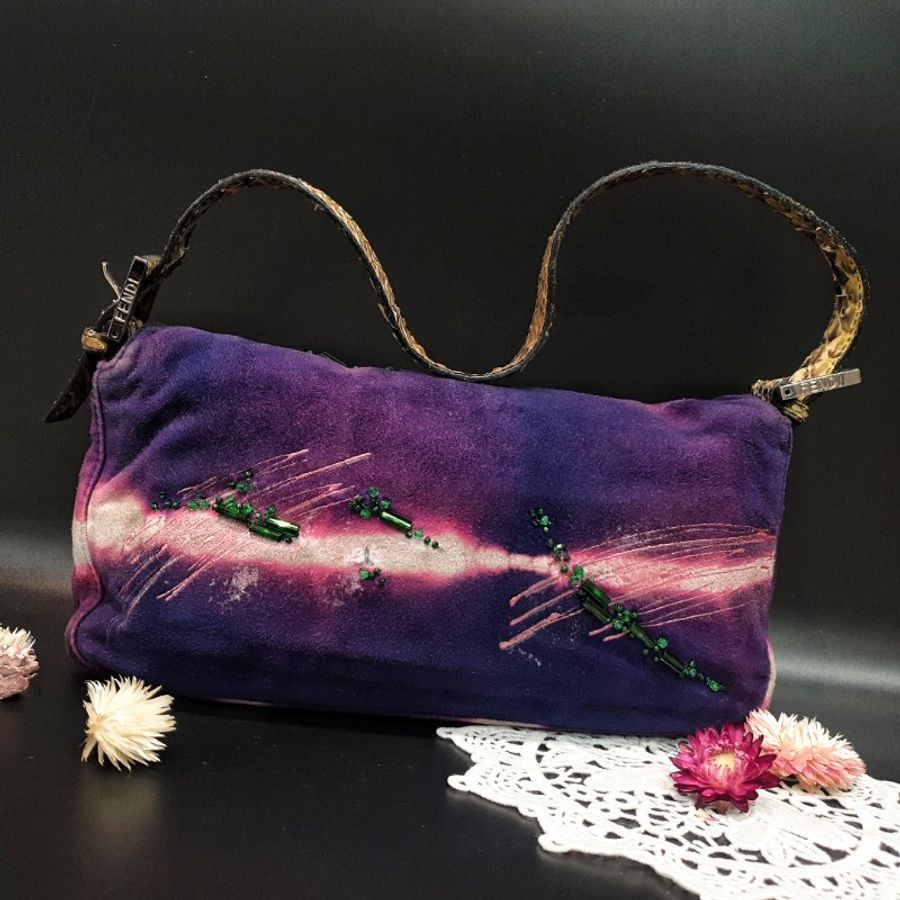 FENDI 芬迪 紫色絨布拚串珠 蛇皮提把 法棍包/肩背包/手提包/腋下包-1
