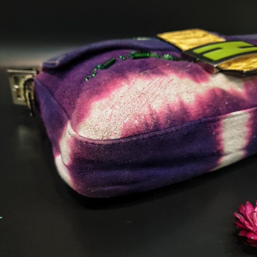 FENDI 芬迪 紫色絨布拚串珠 蛇皮提把 法棍包/肩背包/手提包/腋下包-2