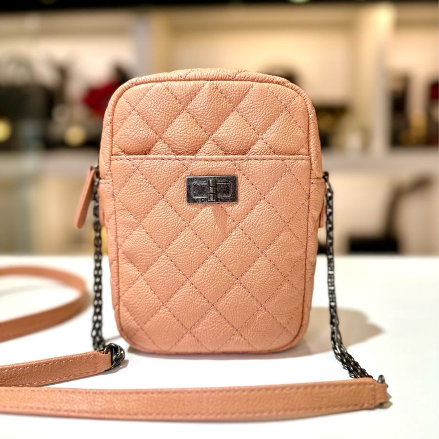 Chanel 經典菱格紋茶粉色荔枝牛皮相機包 航空包 斜背包 二手商品-4