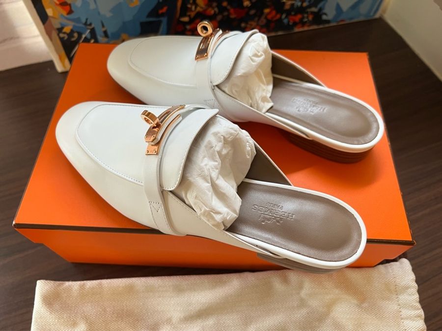 Hermes Mules Oz 凱莉穆勒鞋 白色金釦37號-2