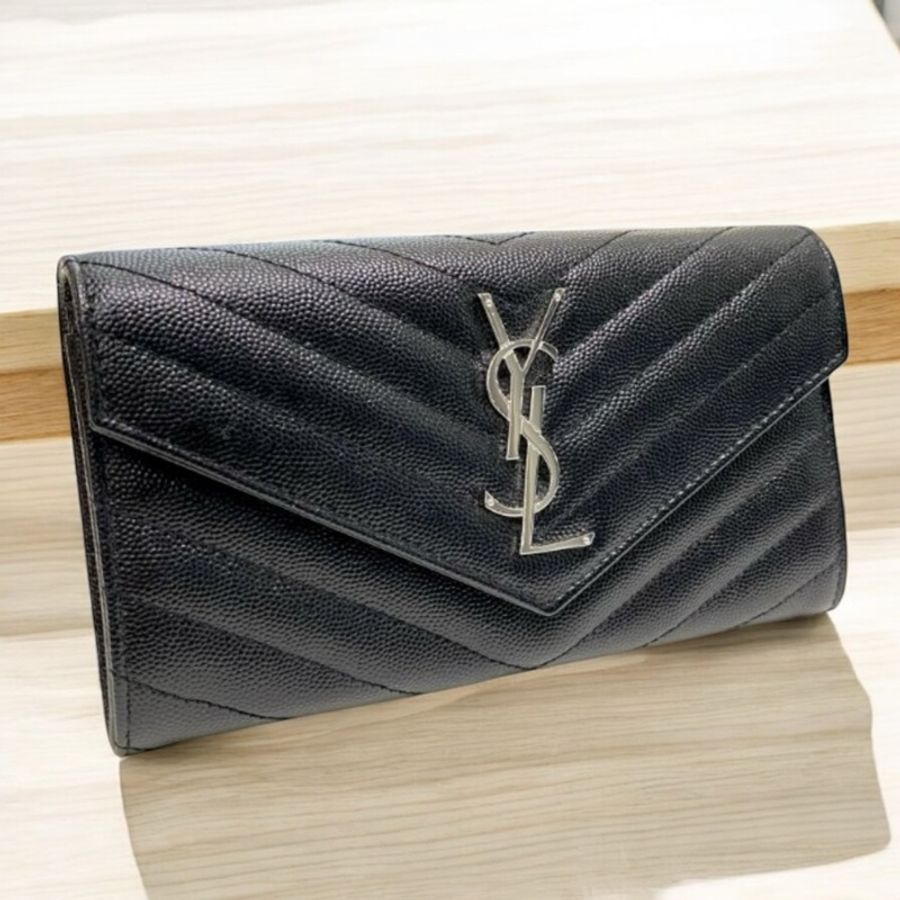 YSL V字魚子醬牛皮LOGO釦式長夾/黑銀//全新商品-1