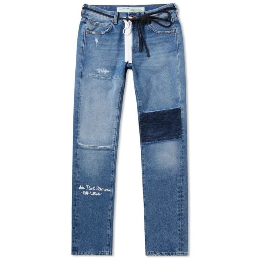 出清【OFF-WHITE】Slim 合身版型 拼接 刷白 抽鬚 拉鍊 長褲 牛仔褲 30腰-0