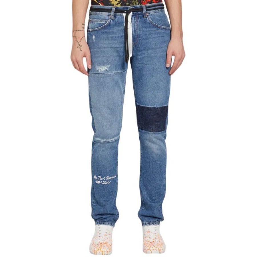 出清【OFF-WHITE】Slim 合身版型 拼接 刷白 抽鬚 拉鍊 長褲 牛仔褲 30腰-4