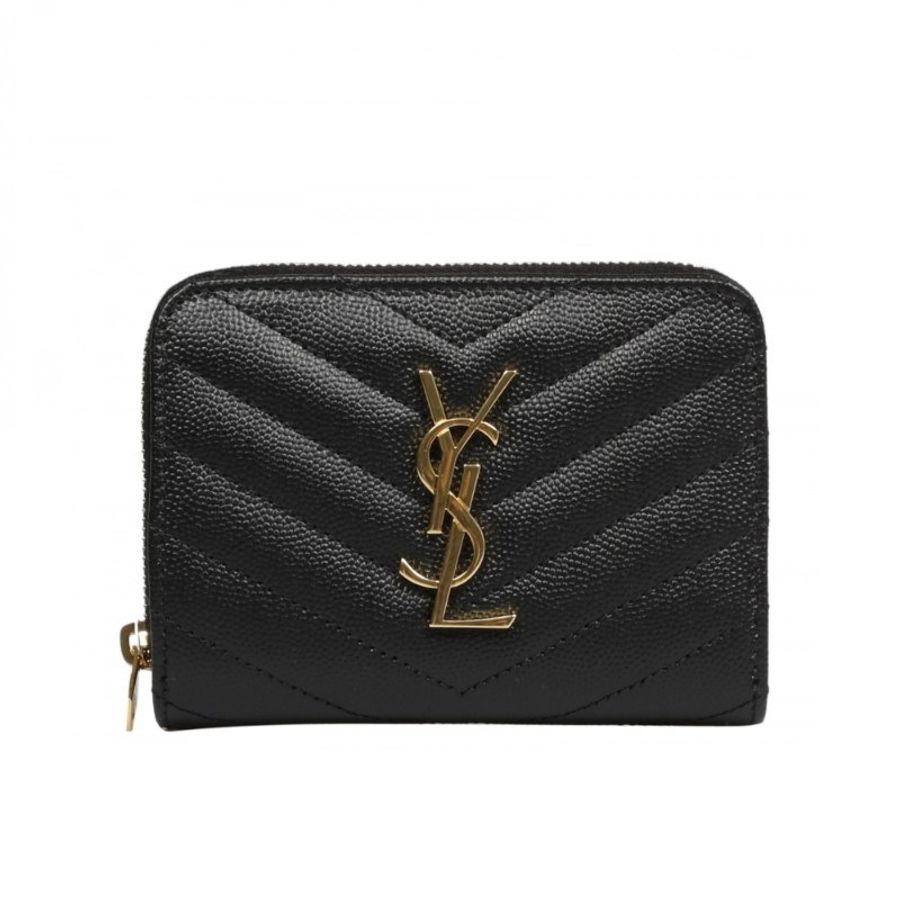 【YSL】SAINT LAURENT Cassandre 荔枝牛皮 拉鍊 釦式 短夾 卡夾 零錢包 金字 皮夾 黑色 668288-0