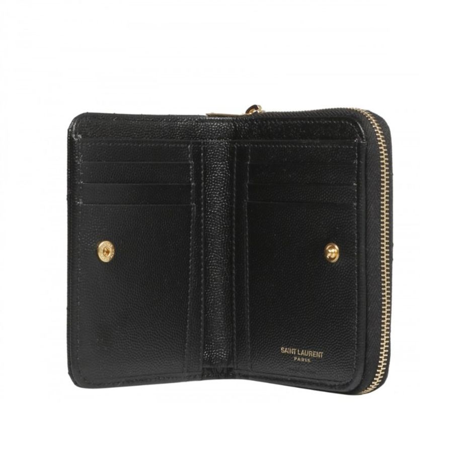 【YSL】SAINT LAURENT Cassandre 荔枝牛皮 拉鍊 釦式 短夾 卡夾 零錢包 金字 皮夾 黑色 668288-1
