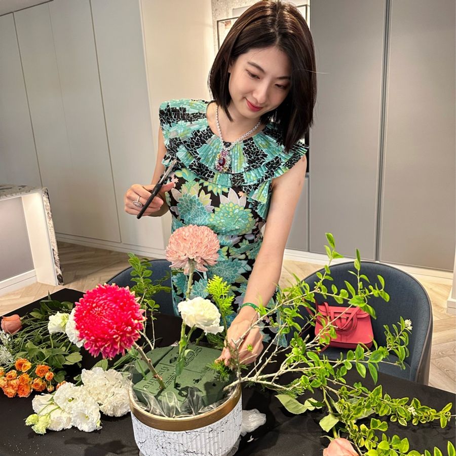 印花綠黑長洋裝-0