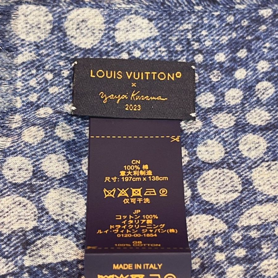 全新品 Louis Vuitton LV x YK Denim Pumpkin 藍色丹寧草間彌生200x138披巾/絲巾-3