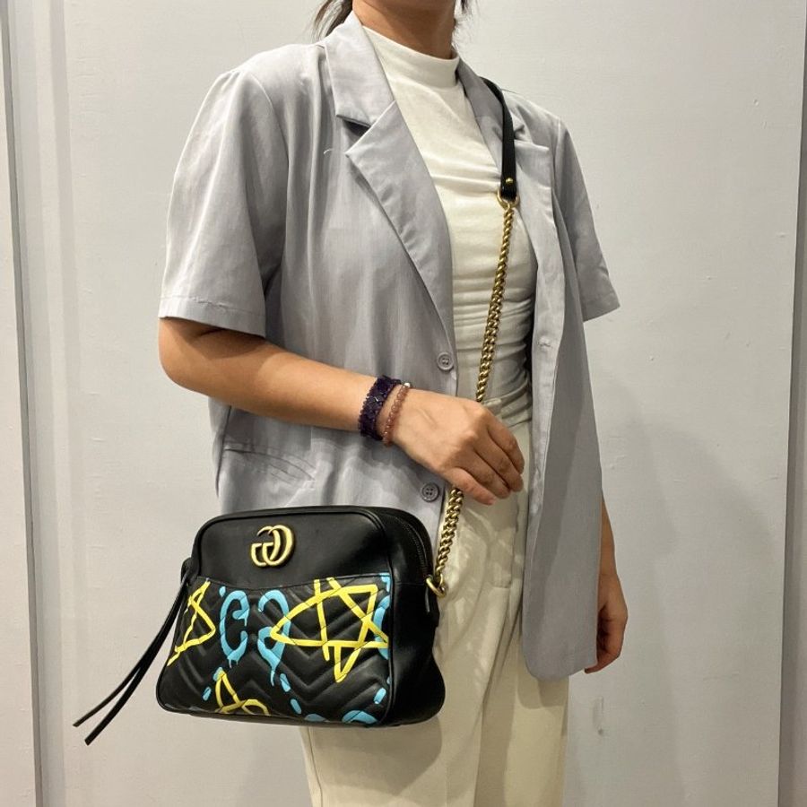 GUCCI 古馳 黑色 塗鴉 雙G馬夢 相機斜背包/肩背包-10
