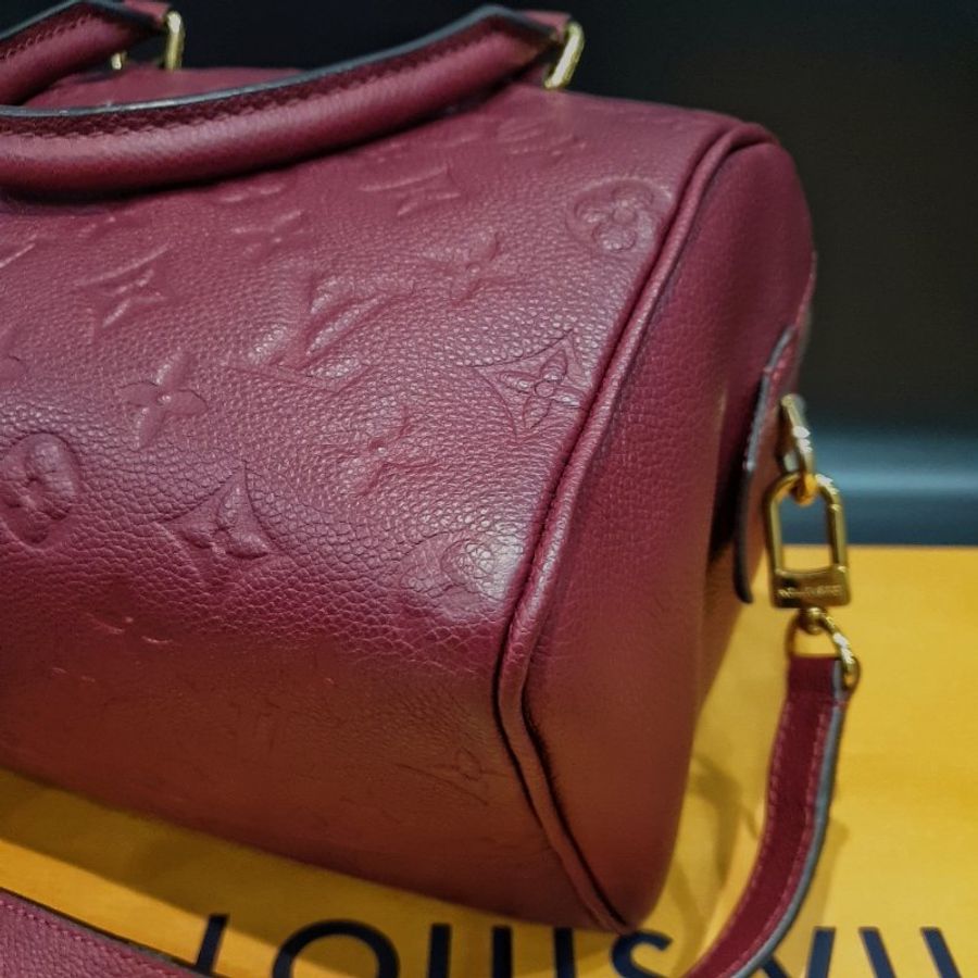 Louis Vuitton LV 紫紅色 全皮壓紋 SPEEDY25波士頓包/斜背包/手提包/二用包-4