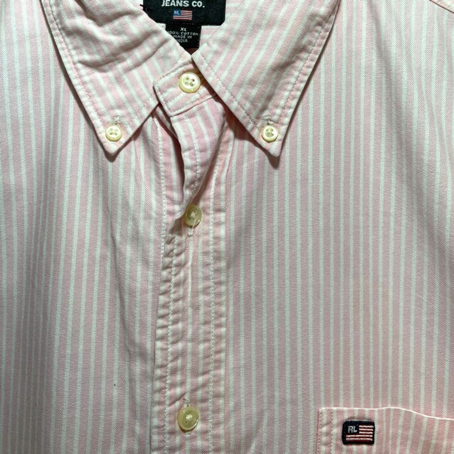 顛復古⚡️ Ralph Lauren jeans粉紅條紋口袋短袖襯衫❤️古著男女皆可 F0523007-8