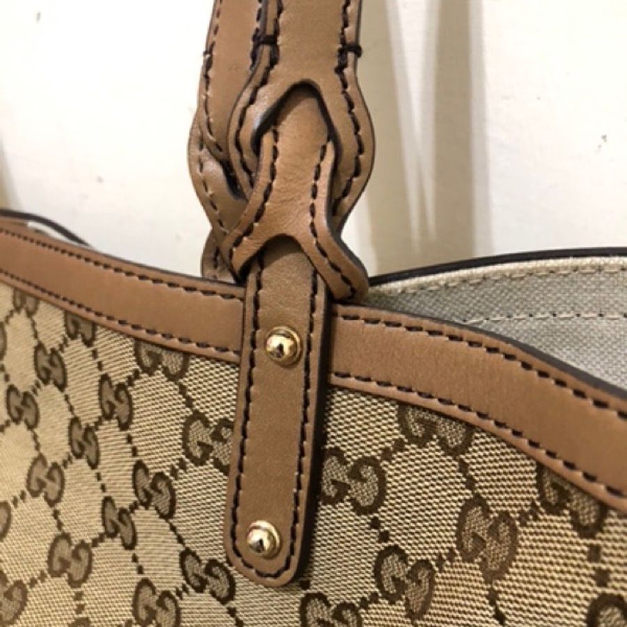 Gucci正品專櫃購入 古馳經典緹 花淺駝色托特包 購物包 肩背包 大容量-3