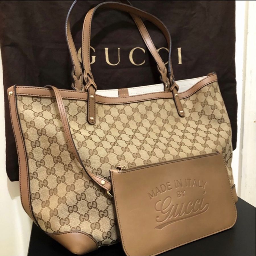 Gucci正品專櫃購入 古馳經典緹 花淺駝色托特包 購物包 肩背包 大容量-4