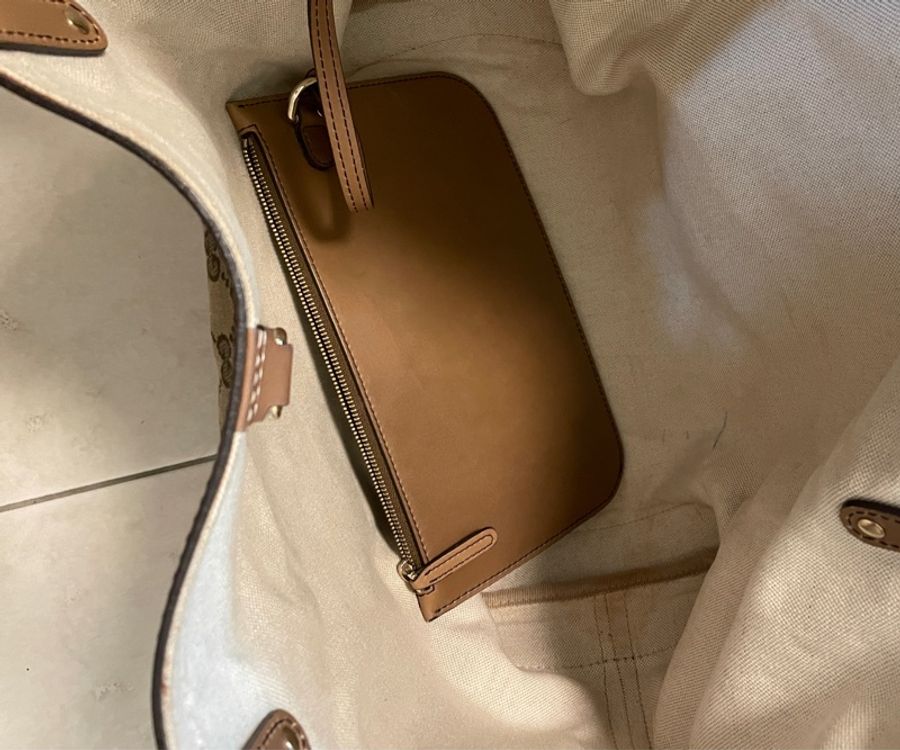 Gucci正品專櫃購入 古馳經典緹 花淺駝色托特包 購物包 肩背包 大容量-6