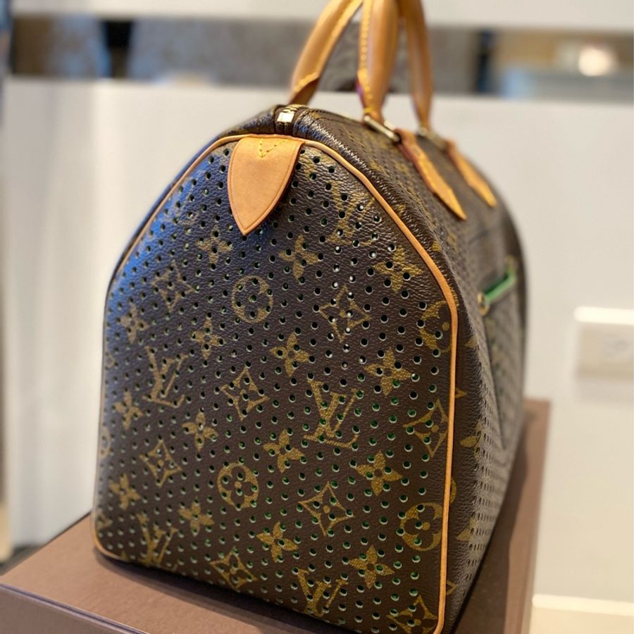 限量收藏款Louis Vuitton LV 老花字紋 限量/典藏版雕花/雷射洞洞30公分波士頓包/手提包SPEEDY 30-6