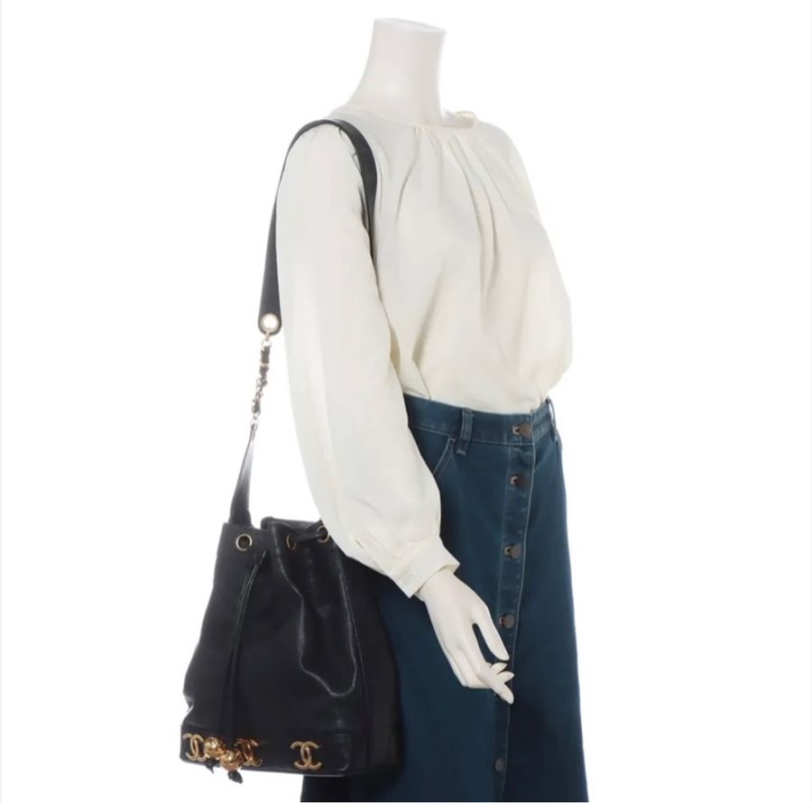 Chanel 香奈兒 6Logo 荔枝牛皮 肩背 水桶包 老香 黑金 vintage-8