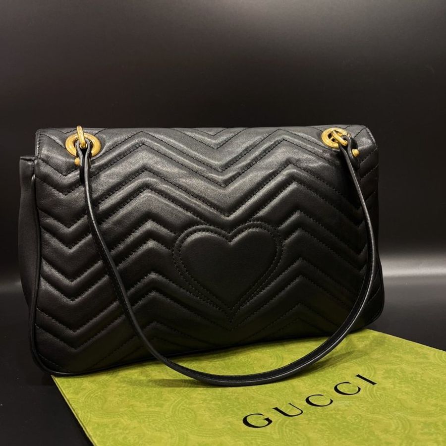 GUCCI 古馳 黑金GG marmont 馬夢 30公分 鍊帶斜背包/肩背包-1