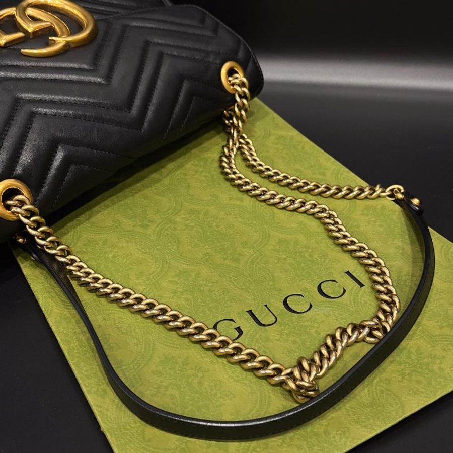 GUCCI 古馳 黑金GG marmont 馬夢 30公分 鍊帶斜背包/肩背包-7