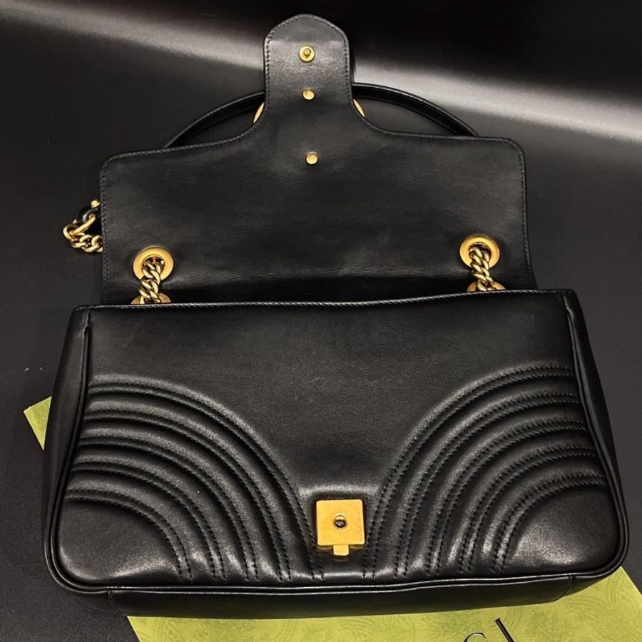 GUCCI 古馳 黑金GG marmont 馬夢 30公分 鍊帶斜背包/肩背包-8