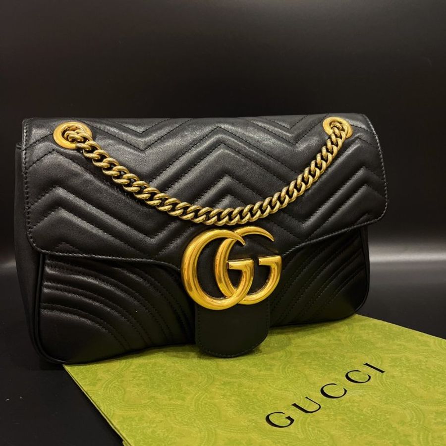 GUCCI 古馳 黑金GG marmont 馬夢 30公分 鍊帶斜背包/肩背包-0