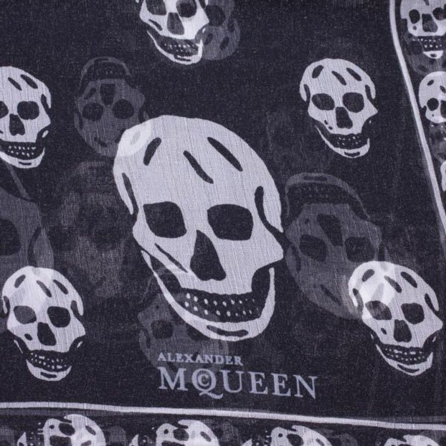 【促銷品】Alexander McQueen 麥昆超柔軟骷顱經典桑蠶絲圍巾 黑色-6