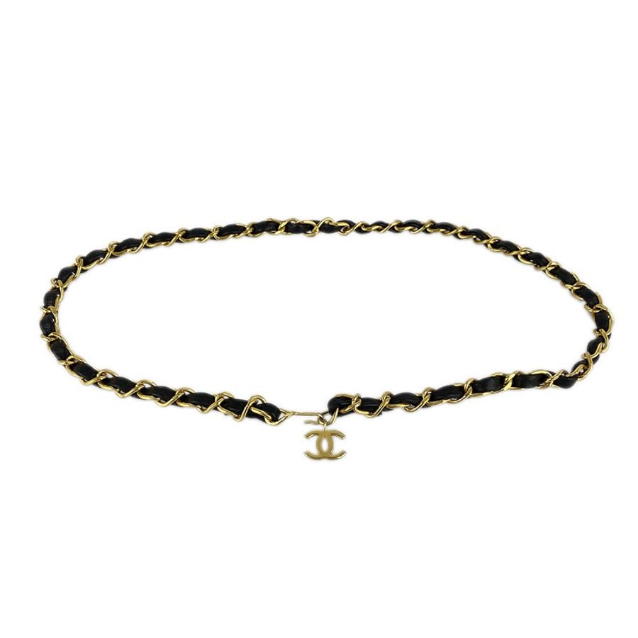 Chanel vintage香奈兒復古經典黑金穿皮鏈條cc標誌腰鍊 腰鏈 腰帶 皮帶-0