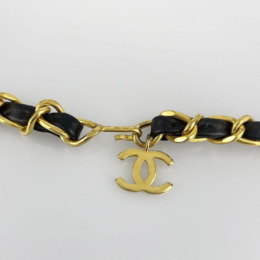 Chanel vintage香奈兒復古經典黑金穿皮鏈條cc標誌腰鍊 腰鏈 腰帶 皮帶-3