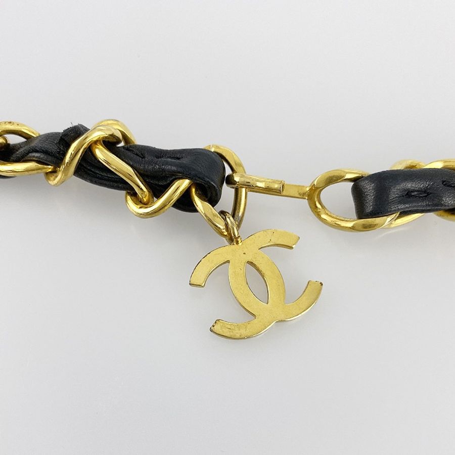 Chanel vintage香奈兒復古經典黑金穿皮鏈條cc標誌腰鍊 腰鏈 腰帶 皮帶-4