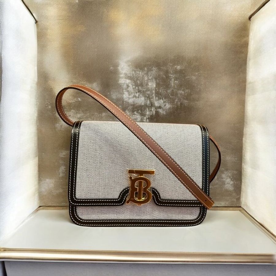 🎁特價🎁Burberry 80306661 小型三色帆布及皮革 TB 包 灰色/黑色/棕色《全新商品 》-14